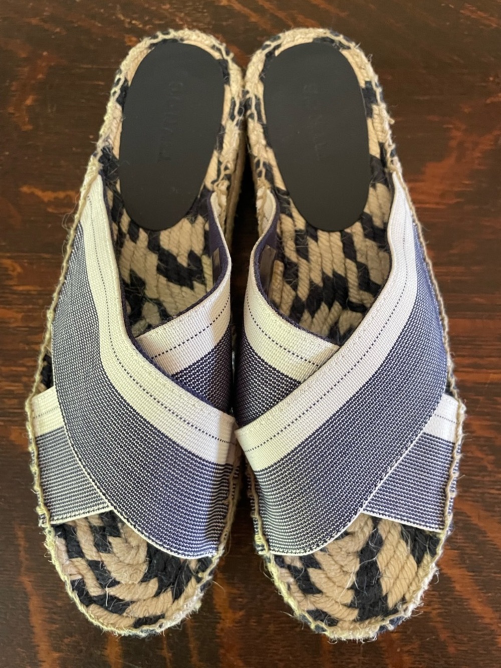 SONALI Woven Navy and Cream Slip-On Espadrille Jute Platform Sandals